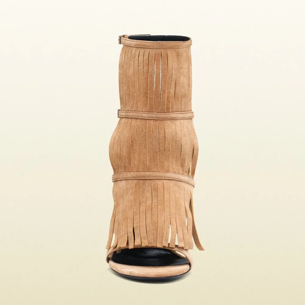 GUCCI SHOES BECKY BEIGE SUEDE FRINGED HIGH HEEL SANDAL sz 36.5 / 6.5 - Picture 5 of 9